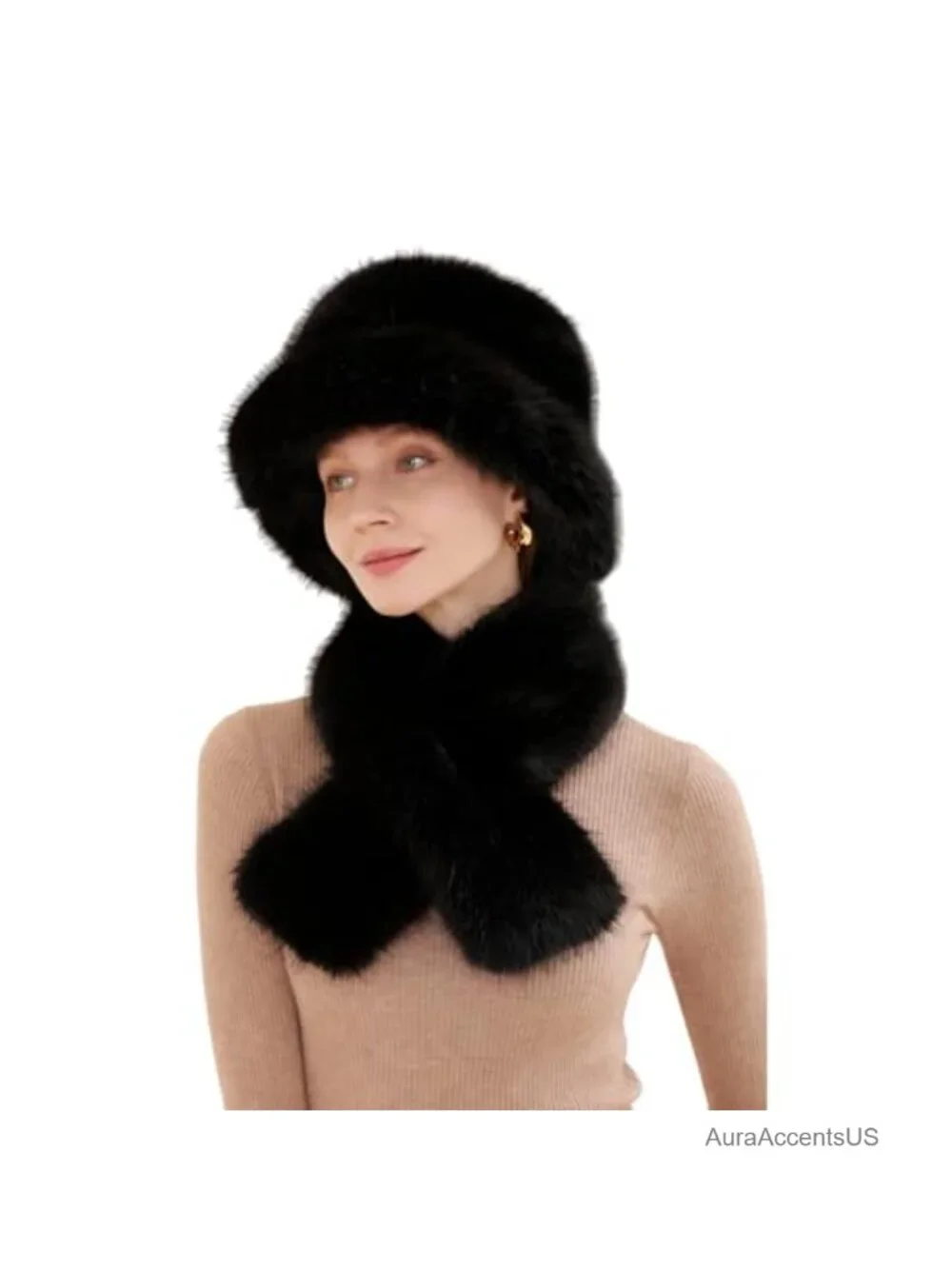 Faux Rabbit Fur Bucket Hat with Collar Scarf Set, Warm Winter Ski Snow Hat for